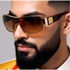 Shield Designer Sunglasses Gold Frame Brown Lens Luxury Shield Style‎ Cover Face